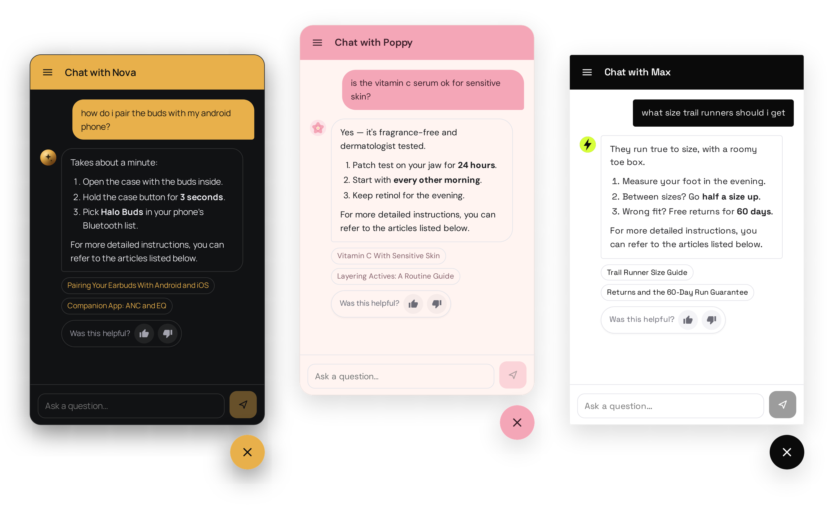 Three Karas widgets in different brand skins: a dark panel with an amber accent, a pastel pink one, and a black-and-white high-contrast one.